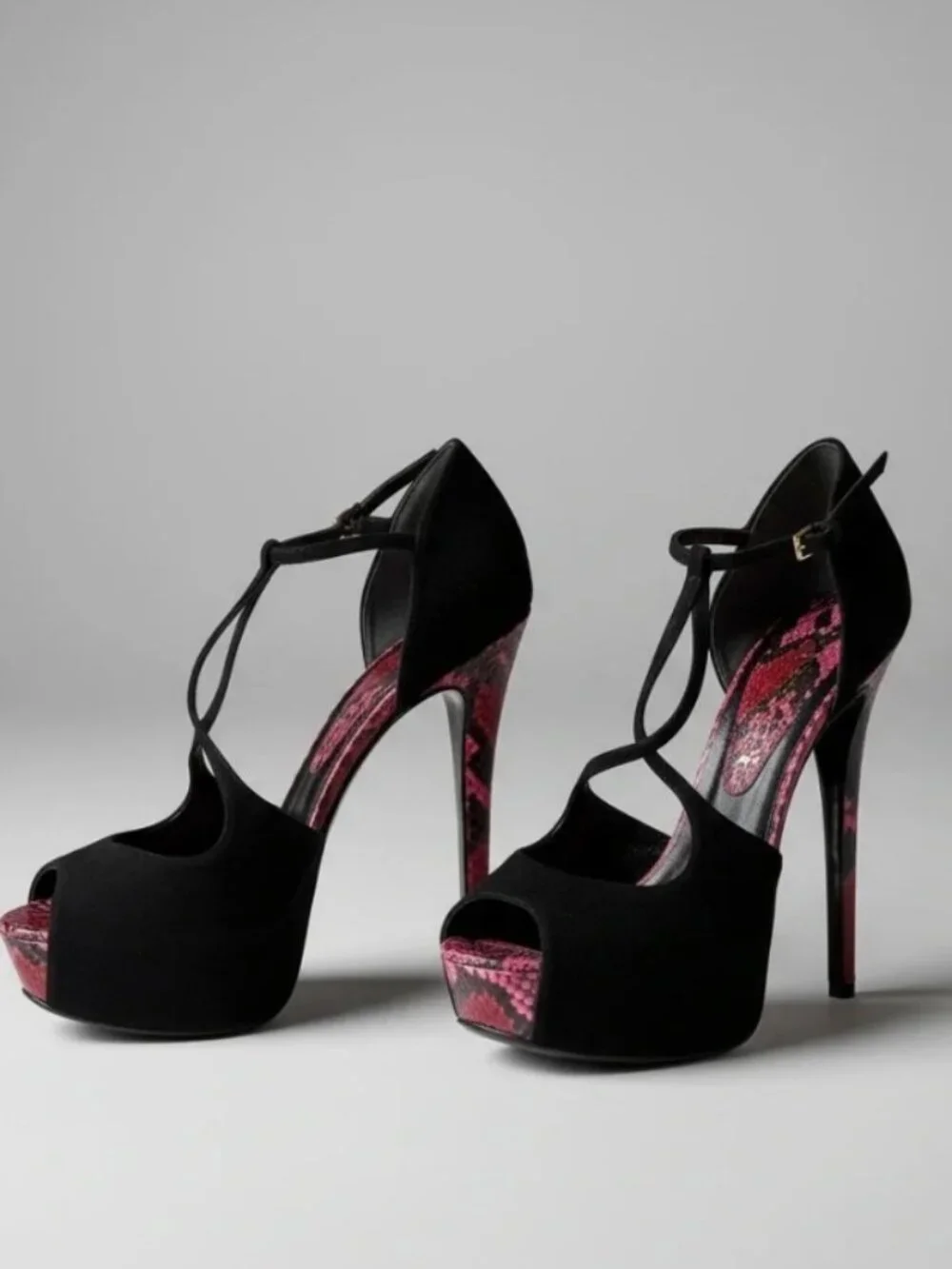 Epic Gucci black suede with red and pink Python Snakeskin platform heels  size 3